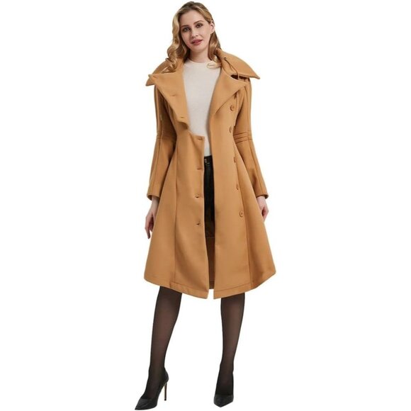 💫 Women Cream Long Trench Coat Wool Winter GothLapel Outwear Thick Hood Peacoat - Picture 3 of 6